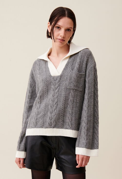 Claudie Pull Torsadé Col Polo Contrasté Pour Femme