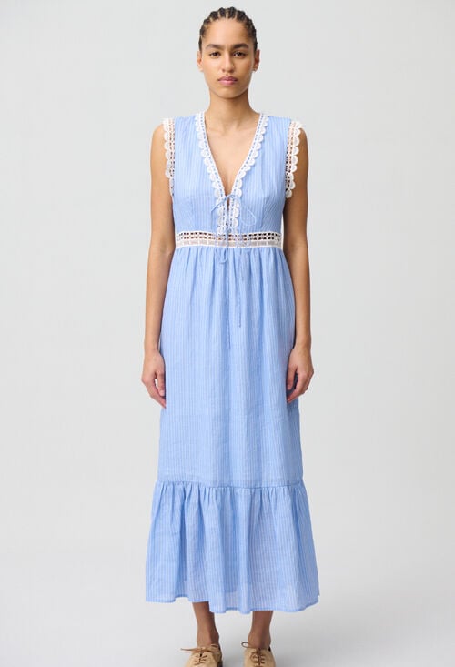 Claudie Robe Longue Rayée Dentelle Pour Femme