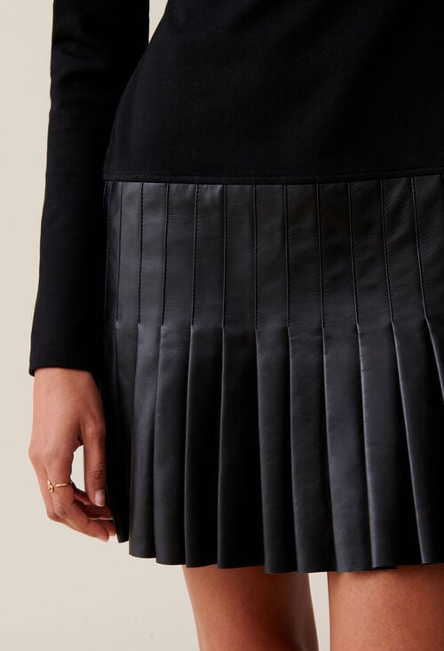 Claudie Robe Noire Bi-matière Cuir Pour Femme