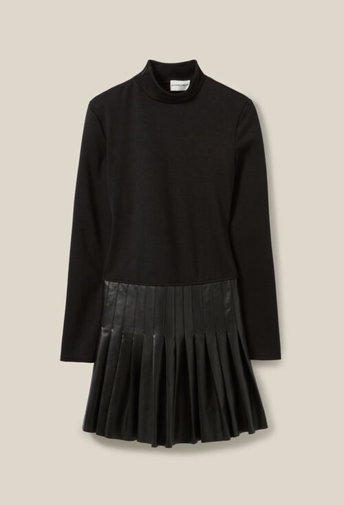 Claudie Robe Noire Bi-matière Cuir Pour Femme