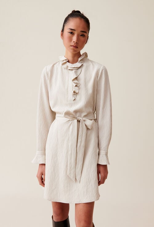 Claudie Robe Rayée Col Volanté Pour Femme