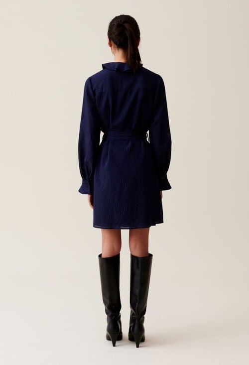 Claudie Robe Rayures Volants Marine Pour Femme