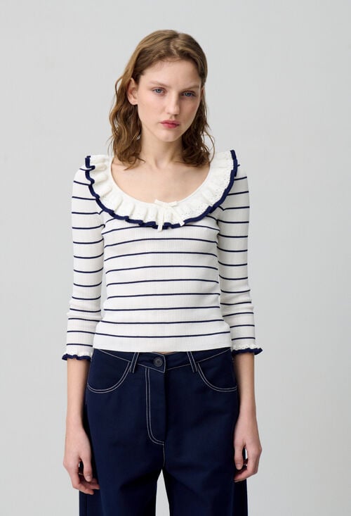 Claudie Top Maille Fine Rayé Volanté Pour Femme