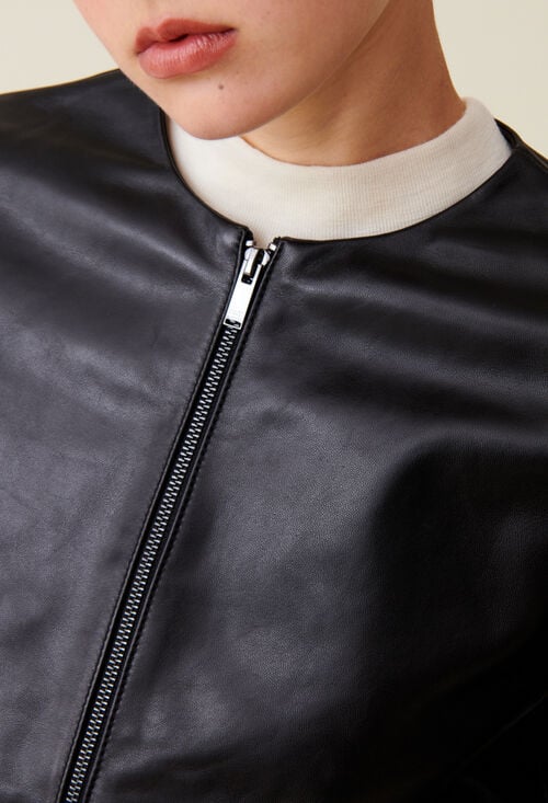 Claudie Veste Cuir Courte Col Rond Pour Femme