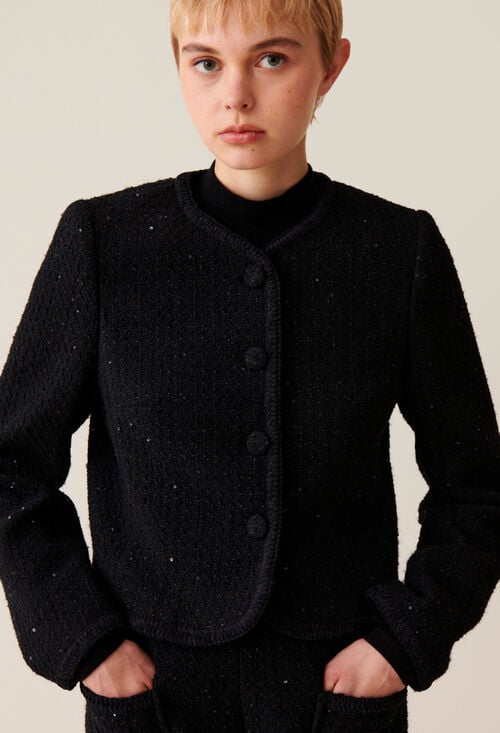 Claudie Veste Droite Noire Tweed Pour Femme