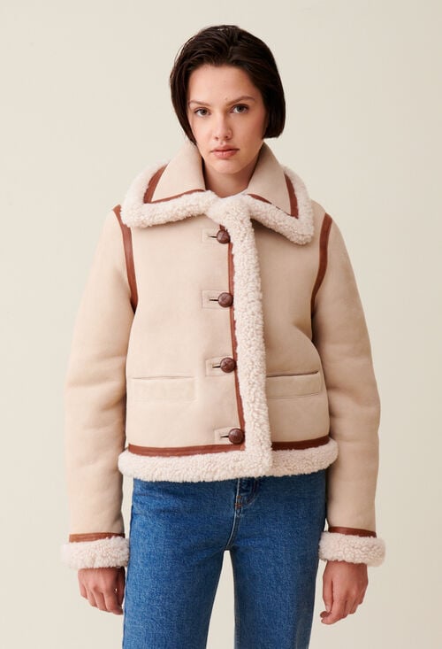 Claudie Veste Peau Lainée Beige Pour Femme
