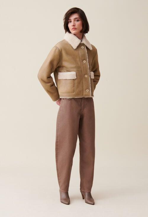 Claudie Veste Peau Lainée Courte Beige Pour Femme