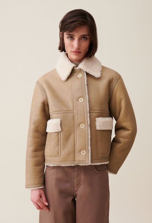 Claudie Veste Peau Lainée Courte Beige Pour Femme
