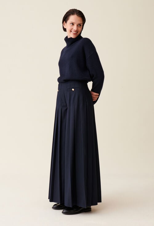 Claudie Pantalon Plissé Ample Bleu Marine Pour Femme