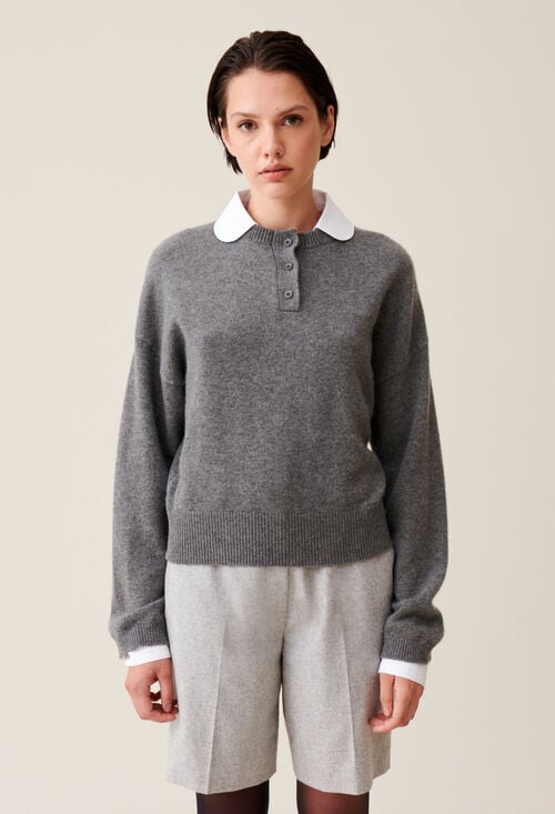 Claudie Pull Cachemire Gris Col Amovible Pour Femme