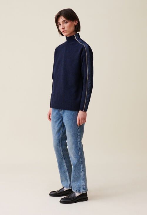 Claudie Pull Col Montant Zippé Bleu Marine Pour Femme