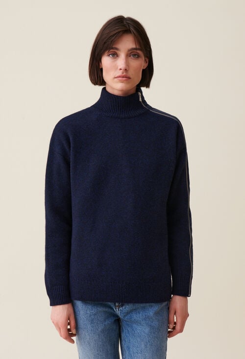 Claudie Pull Col Montant Zippé Bleu Marine Pour Femme
