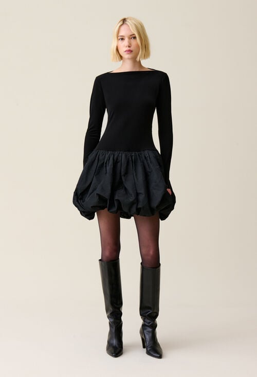 Claudie Robe Bi-matière Jupon Boule Noir Pour Femme