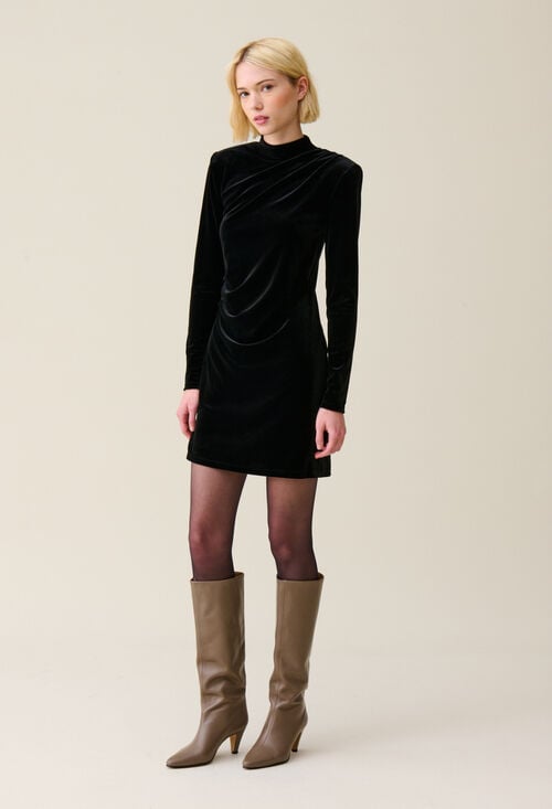 Claudie Robe Courte Cintrée Velours Noir Pour Femme