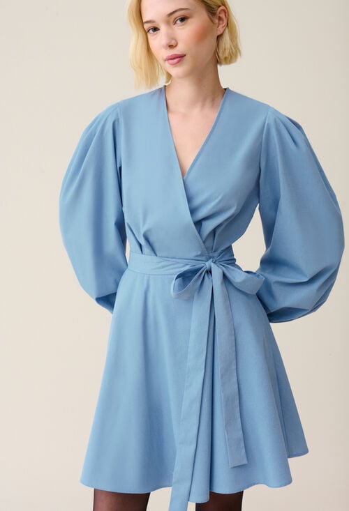Claudie Robe Courte Manches Ballons Bleu Pour Femme