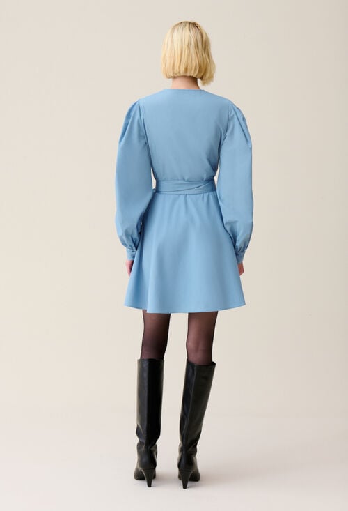 Claudie Robe Courte Manches Ballons Bleu Pour Femme