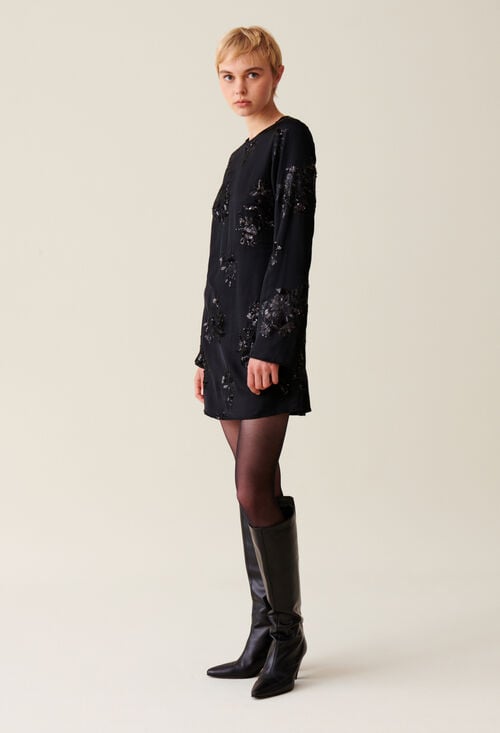 Claudie Robe Courte Noire Sequins Brodés Pour Femme