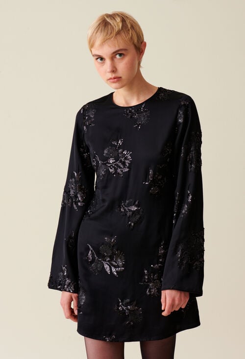 Claudie Robe Courte Noire Sequins Brodés Pour Femme