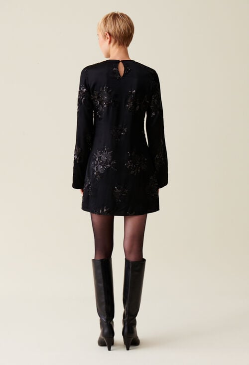 Claudie Robe Courte Noire Sequins Brodés Pour Femme