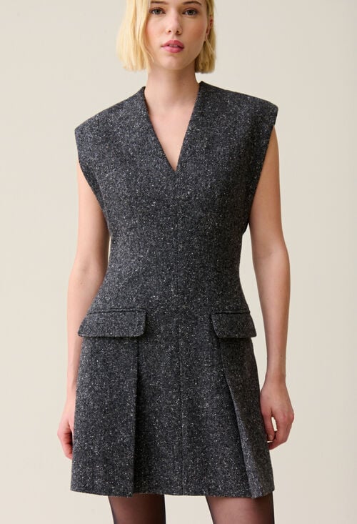 Claudie Robe Grise Cintrée Tailleur Tweed Pour Femme