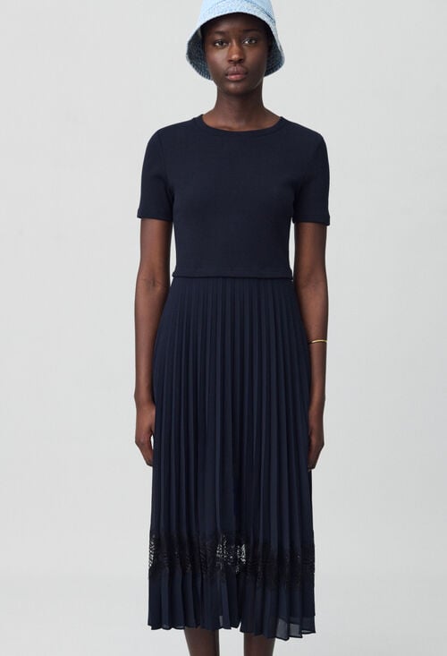 Claudie Robe Midi Bi-matière Noire Et Marine Pour Femme