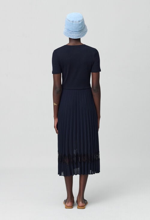 Claudie Robe Midi Bi-matière Noire Et Marine Pour Femme
