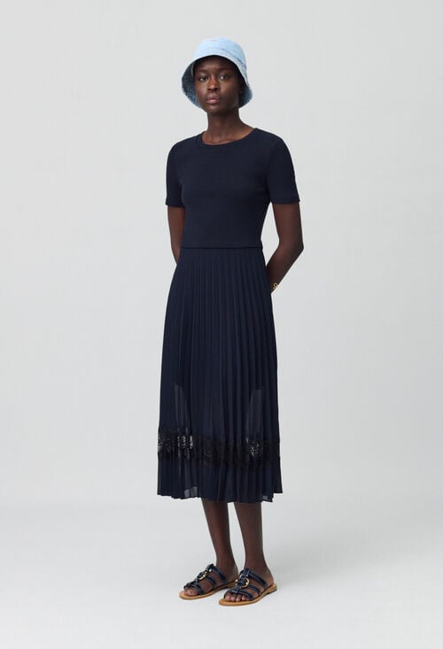 claudie Robe midi bi-matière noire et marine pour femme