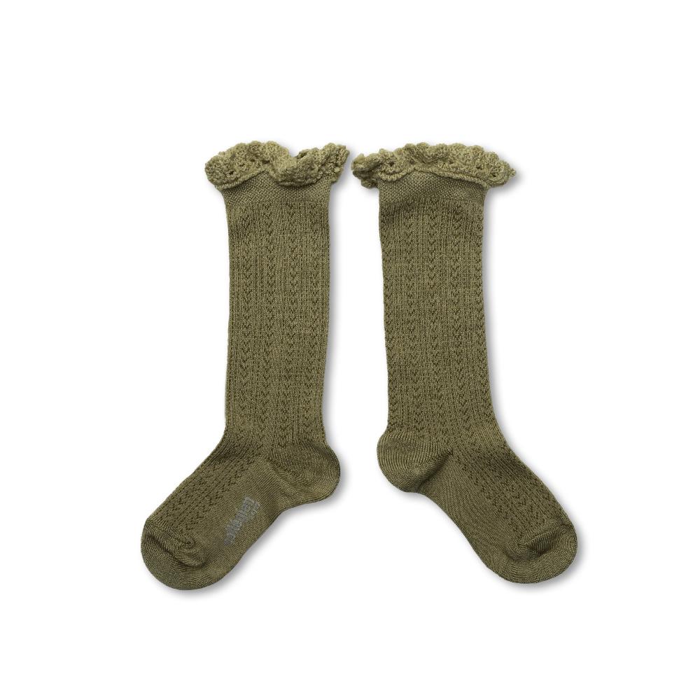 collégien Adeline - Chaussettes hautes en laine Mérinos avec dentelle - Petite Taupe
