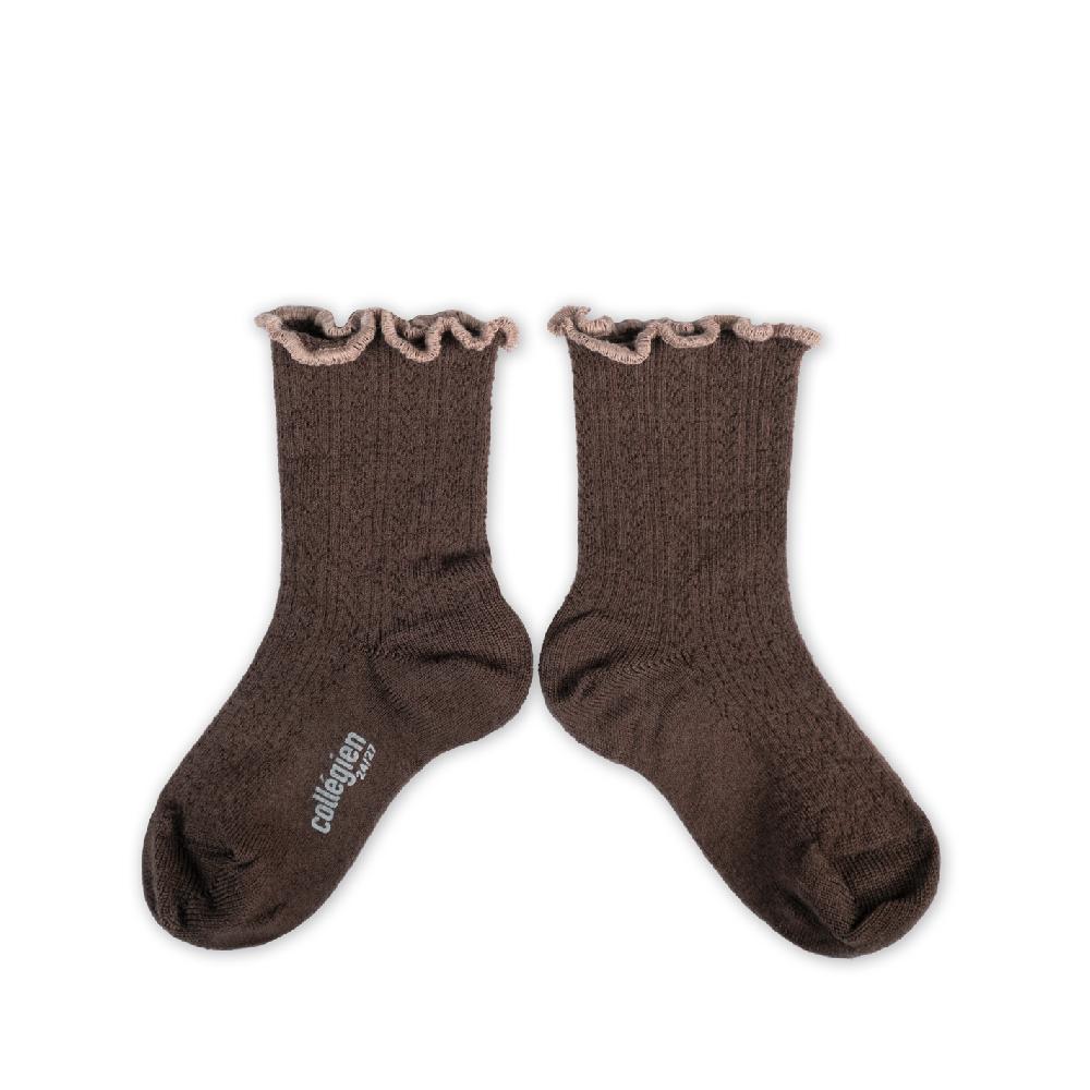 collégien Ambre - Chaussettes maille ajourée laine Mérinos avec bords ondulés - Chocolat au lait