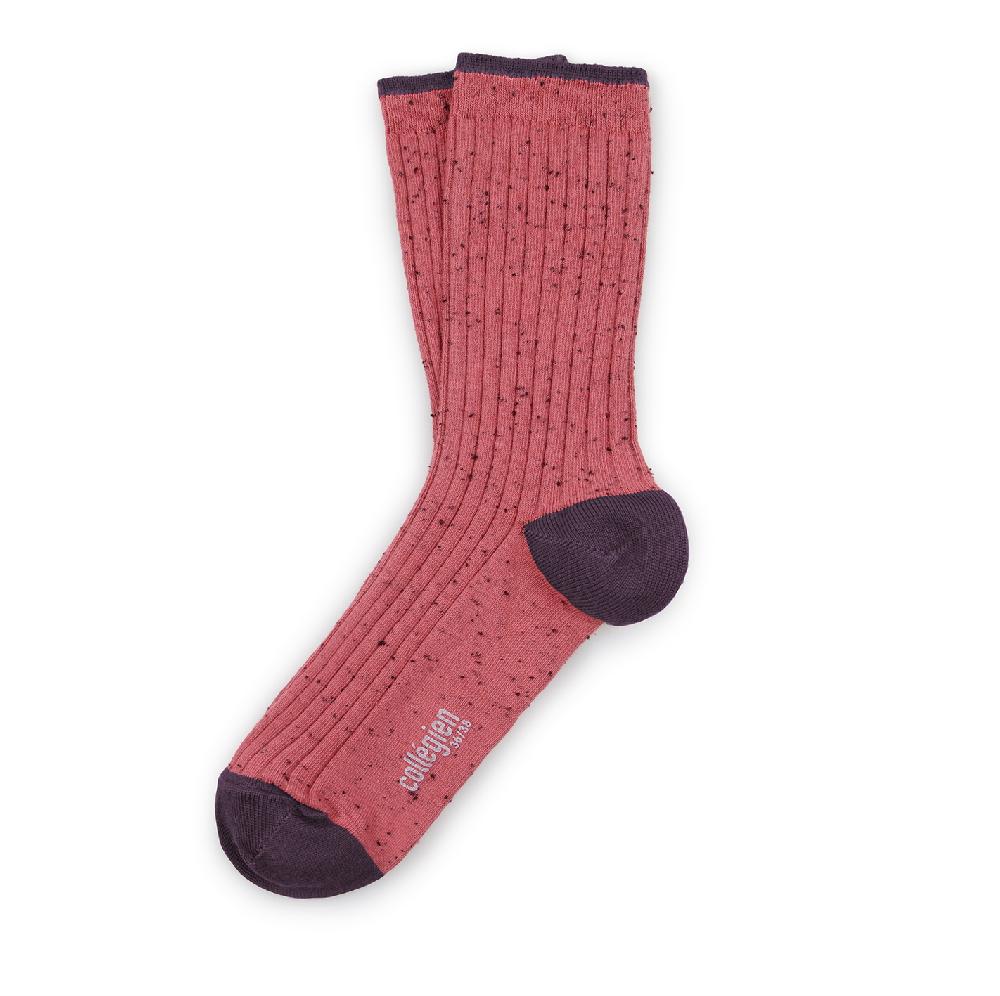 collégien Andréa - Chaussettes à côtes à rayures sport et fil boutonné - Rose Litchi