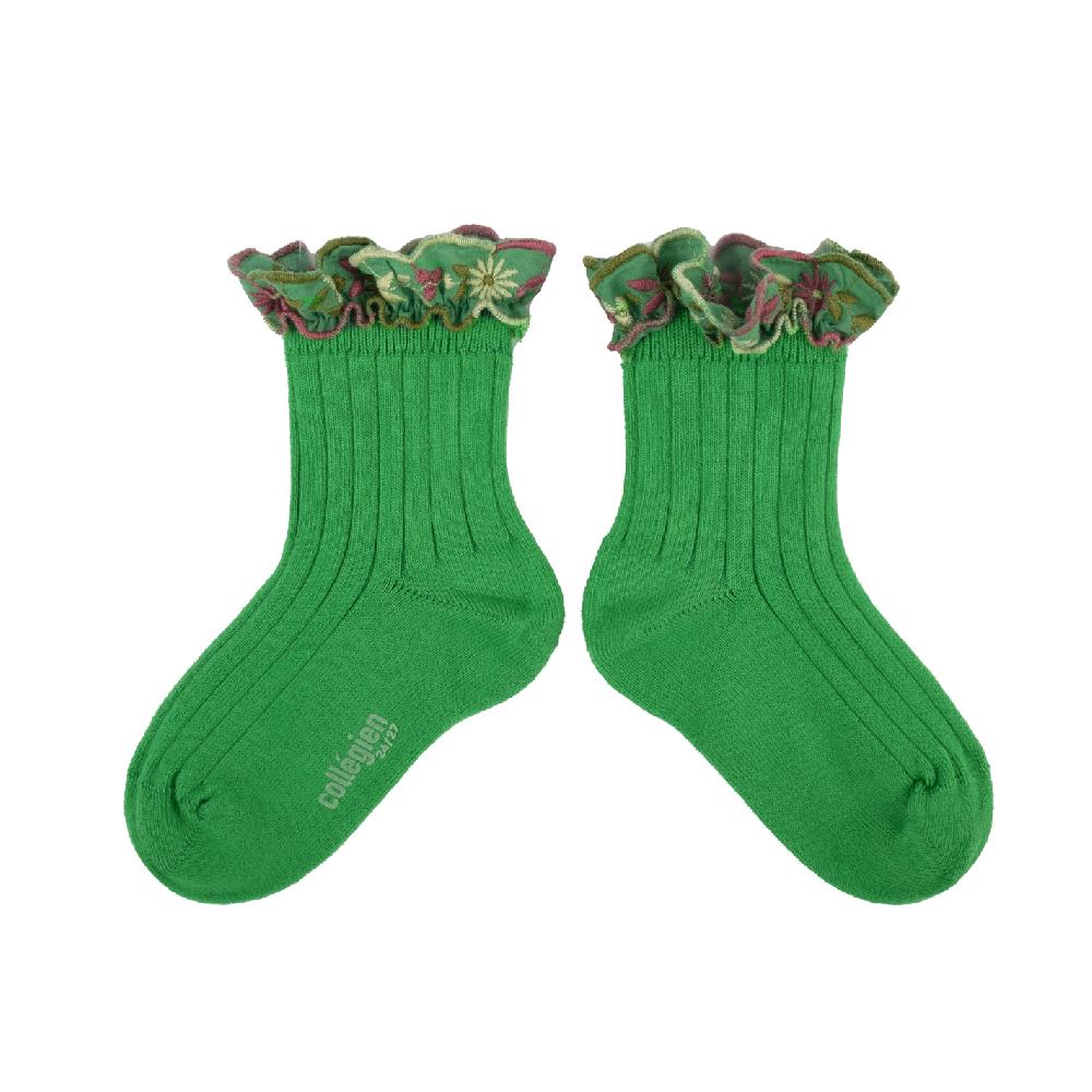 collégien Anémone - Chaussettes courtes avec volant brodé fleurs - Vert Jackpot