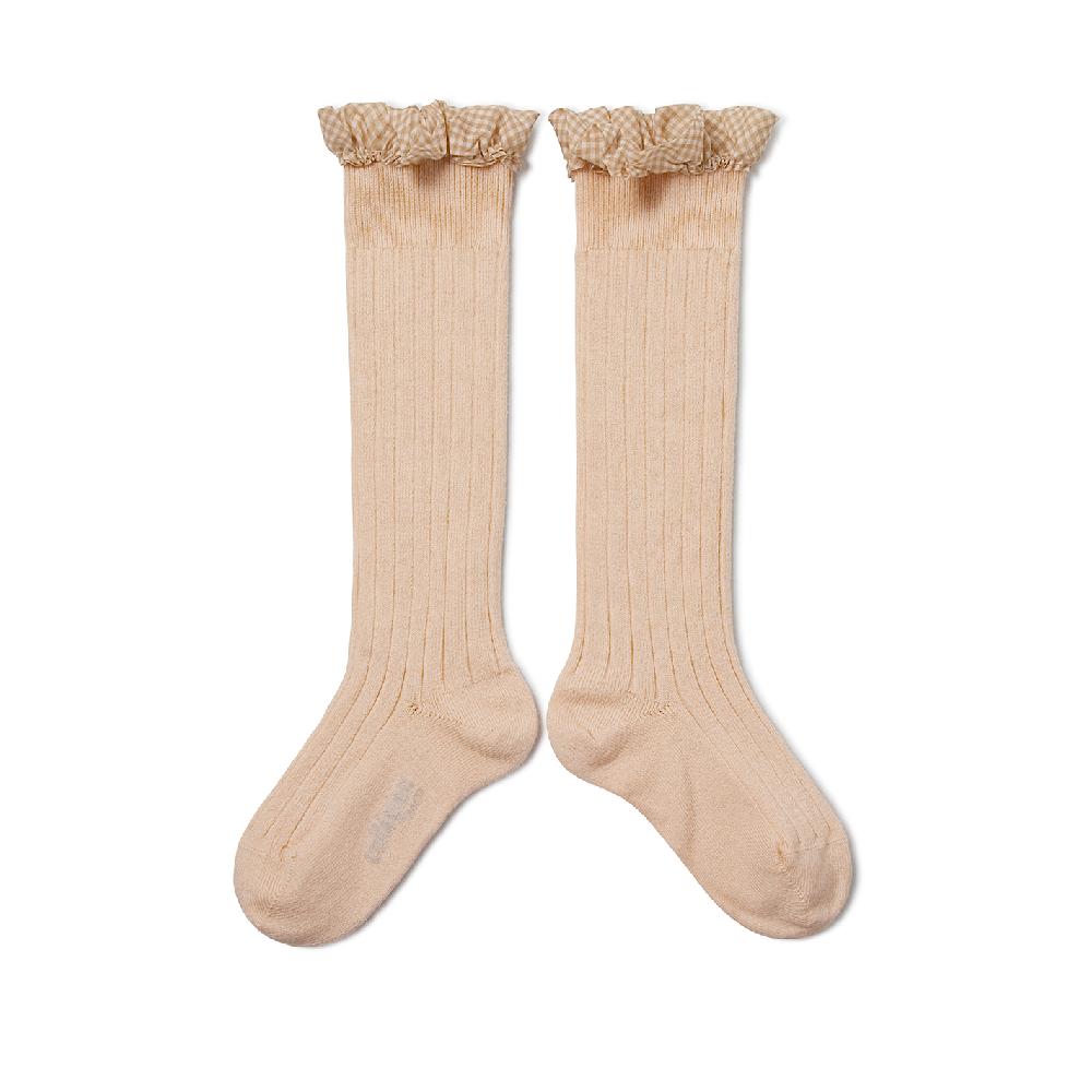 collégien Apolline - Chaussettes hautes à côtes avec volant Vichy - Sorbet
