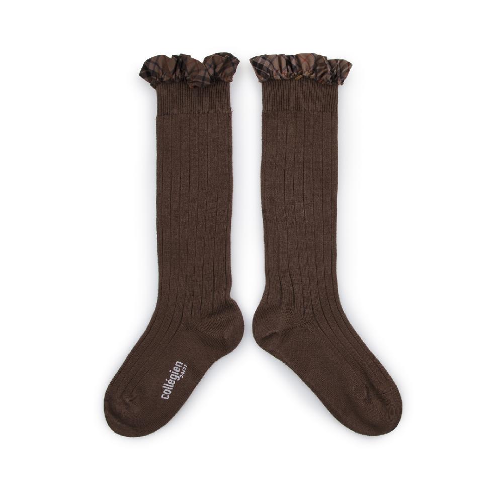 collégien Arabelle - Chaussettes hautes avec volant Ecossais - Chocolat au lait
