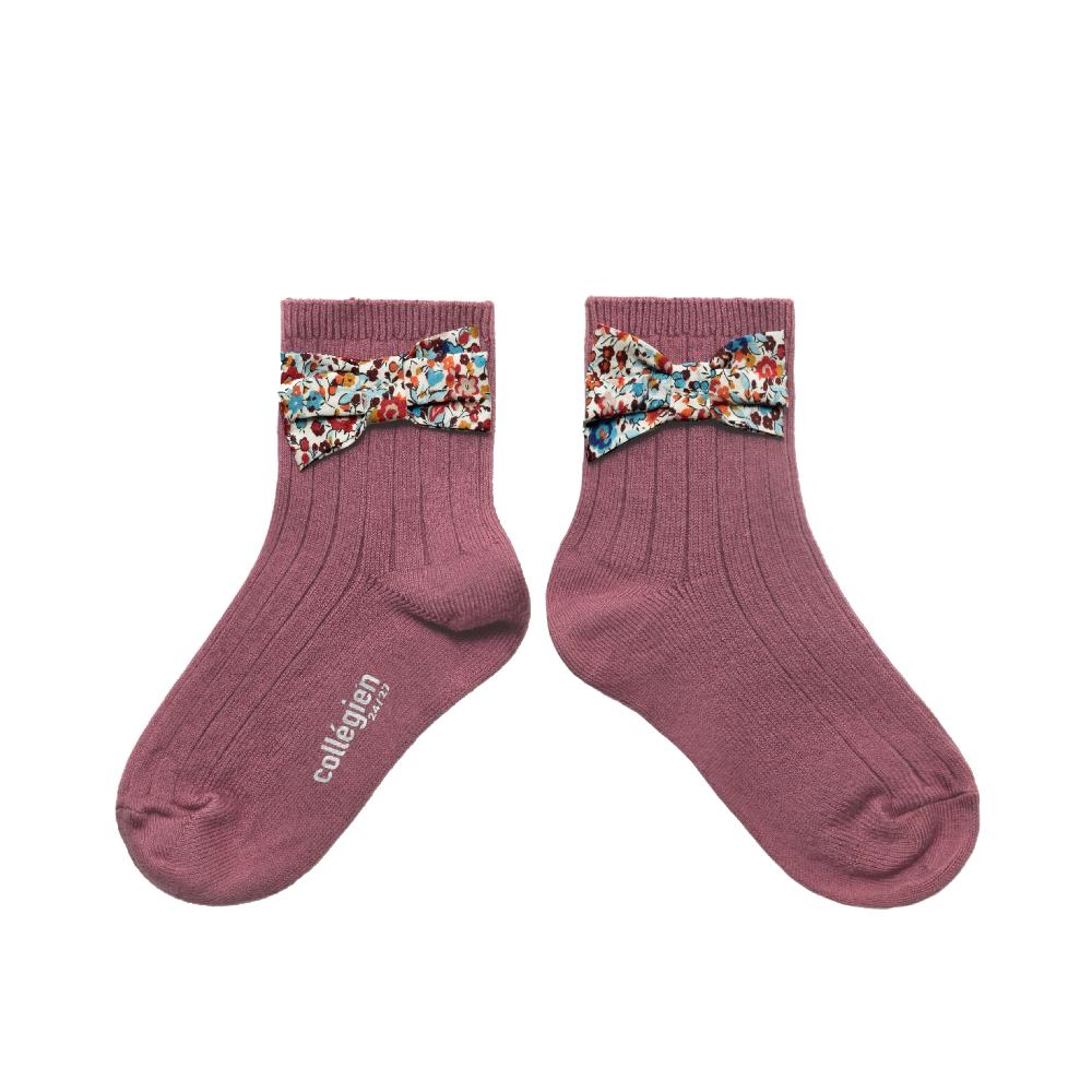 collégien Béatrice - Chaussettes courtes à côtes avec noeud Liberty - Raisin Rose