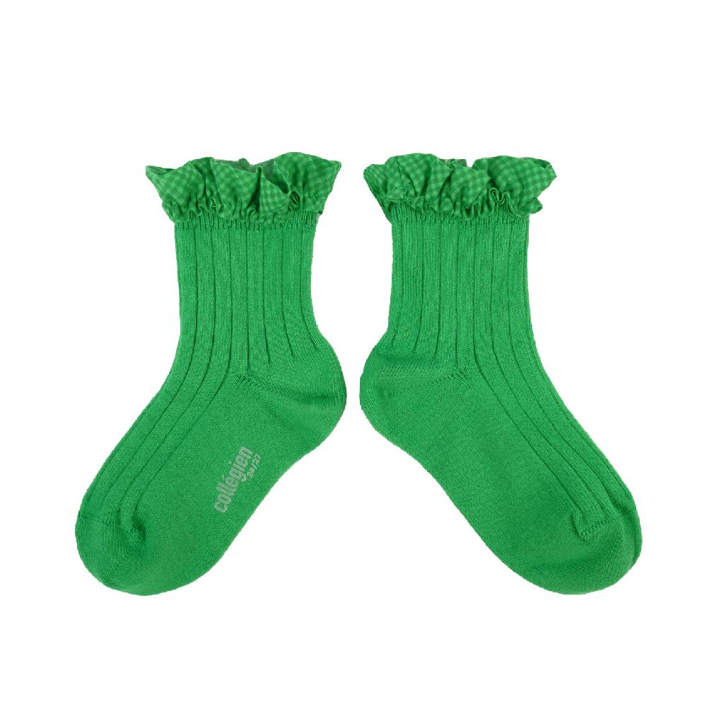 collégien Brigitte - Chaussettes courtes à côtes avec volant Vichy - Vert Jackpot