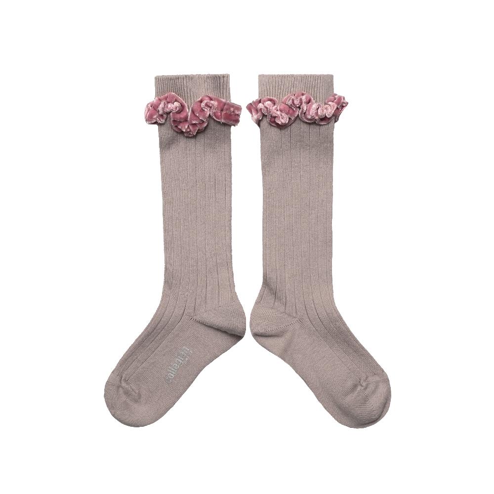 collégien Clothilde - Chaussettes hautes à côtes avec bord en velours - Vieux Rose