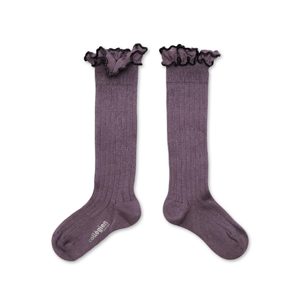 collégien Constance - Chaussettes hautes à côtes avec volant croquet - Glycine du Japon