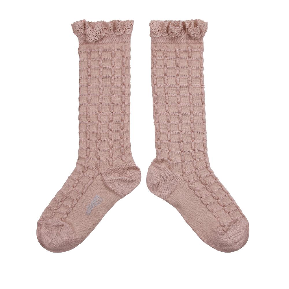 collégien Coralie - Chaussettes hautes maille carreaux avec dentelle - Vieux Rose