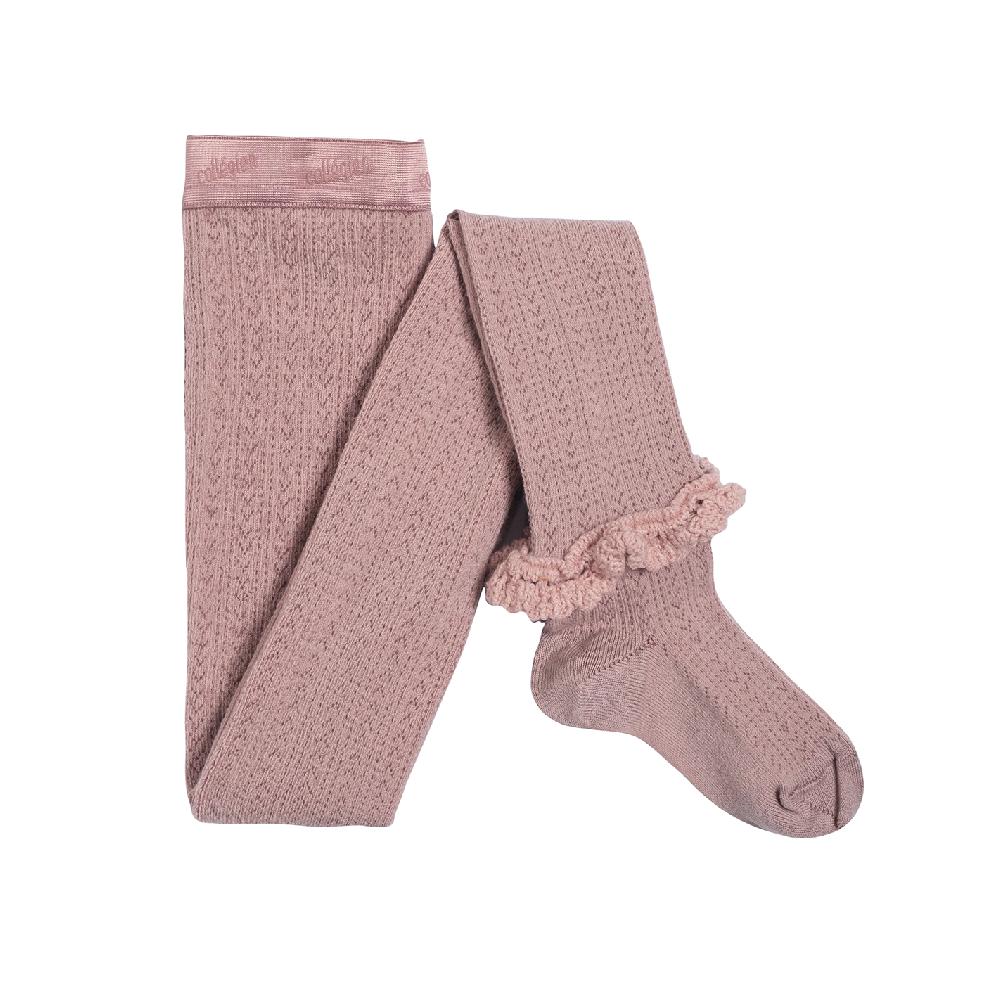 collégien Daphné - Collants en laine Mérinos et maille ajourée avec dentelle en laine Mérinos - Vieux Rose