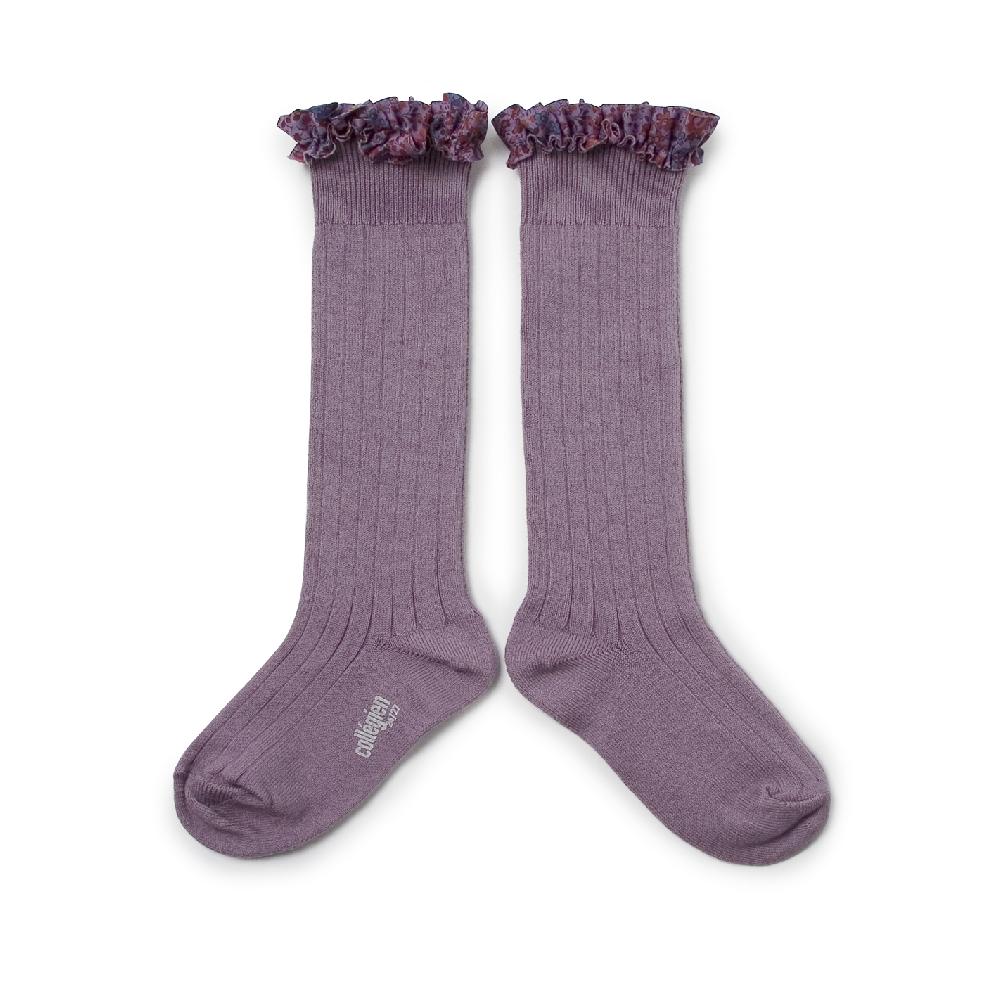 collégien Elisabeth - Chaussettes hautes à côtes avec volant Liberty - Glycine du Japon