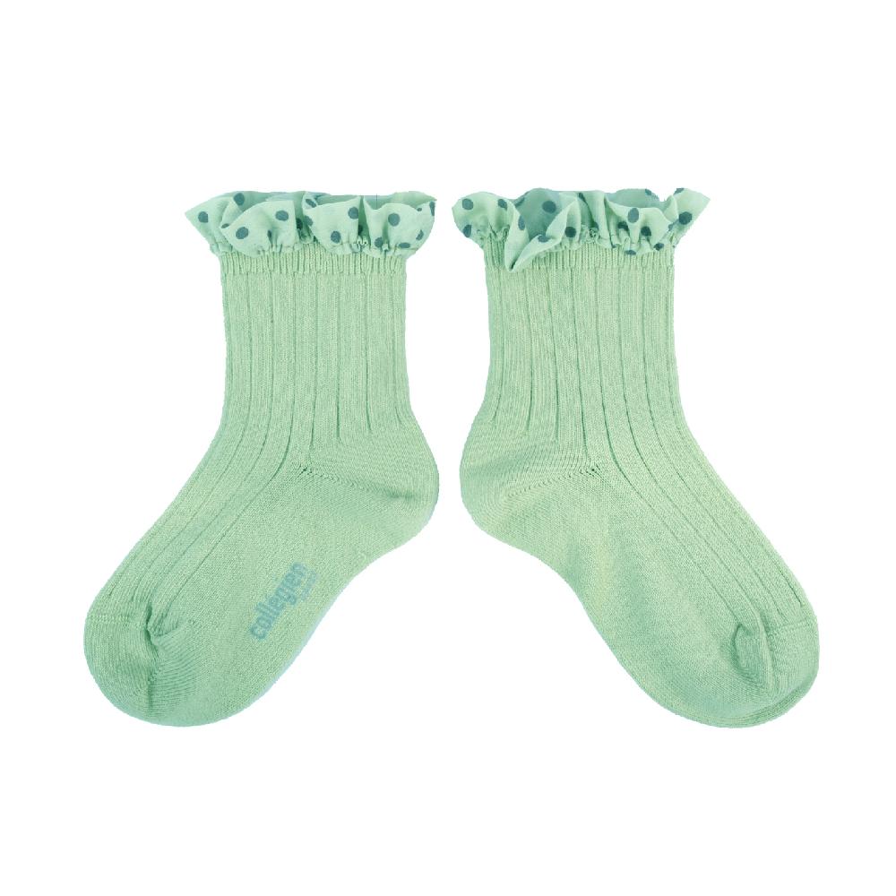 collégien Emilie - Chaussettes courtes à côtes avec volant à pois - Verveine