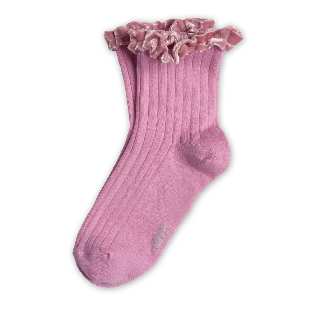 collégien Eugénie - Chaussettes courtes à côtes avec ruban velours - Rose Bonbon