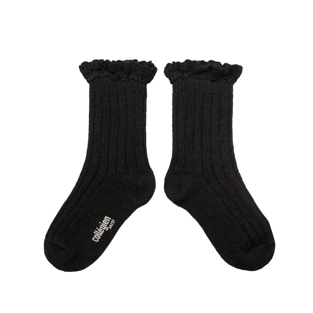 collégien Hermine - Chaussettes cachemire et laine avec dentelle - Noir de Charbon