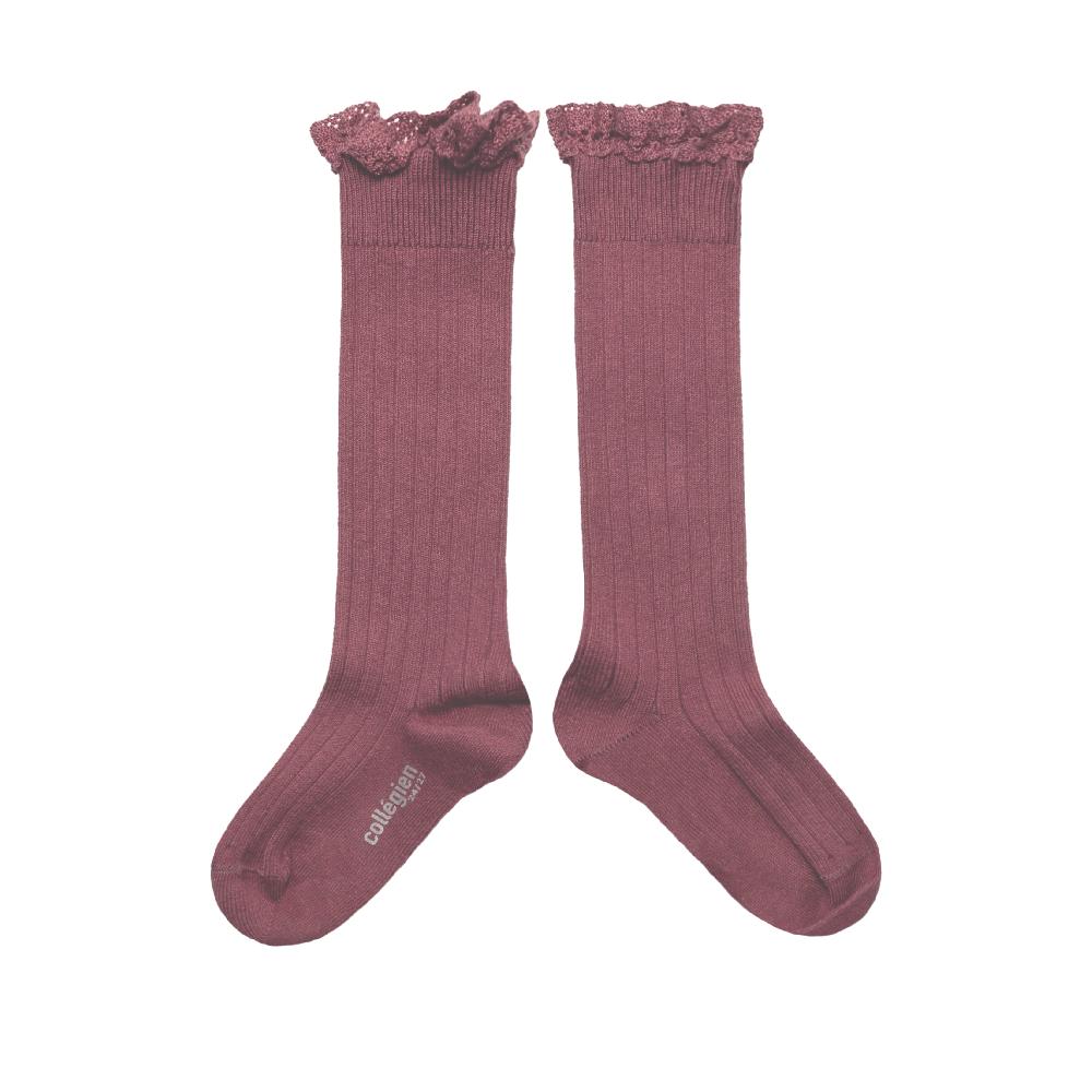 collégien Joséphine - Chaussettes hautes à côtes avec dentelle - Raisin Rose