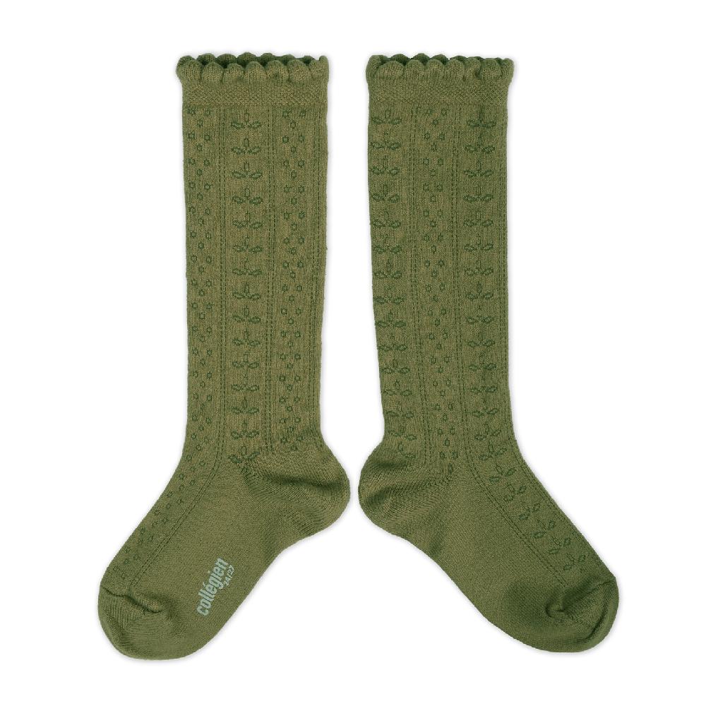 collégien Juliette - Chaussettes hautes en coton bio maille ajourée - Olive du Lubéron