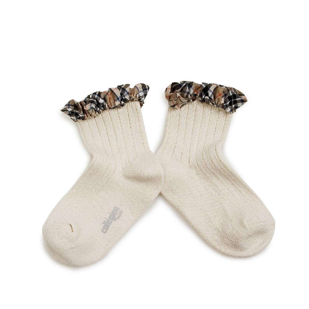 collégien Lucie - Chaussettes courtes à côtes avec volant Ecossais - Doux Agneaux
