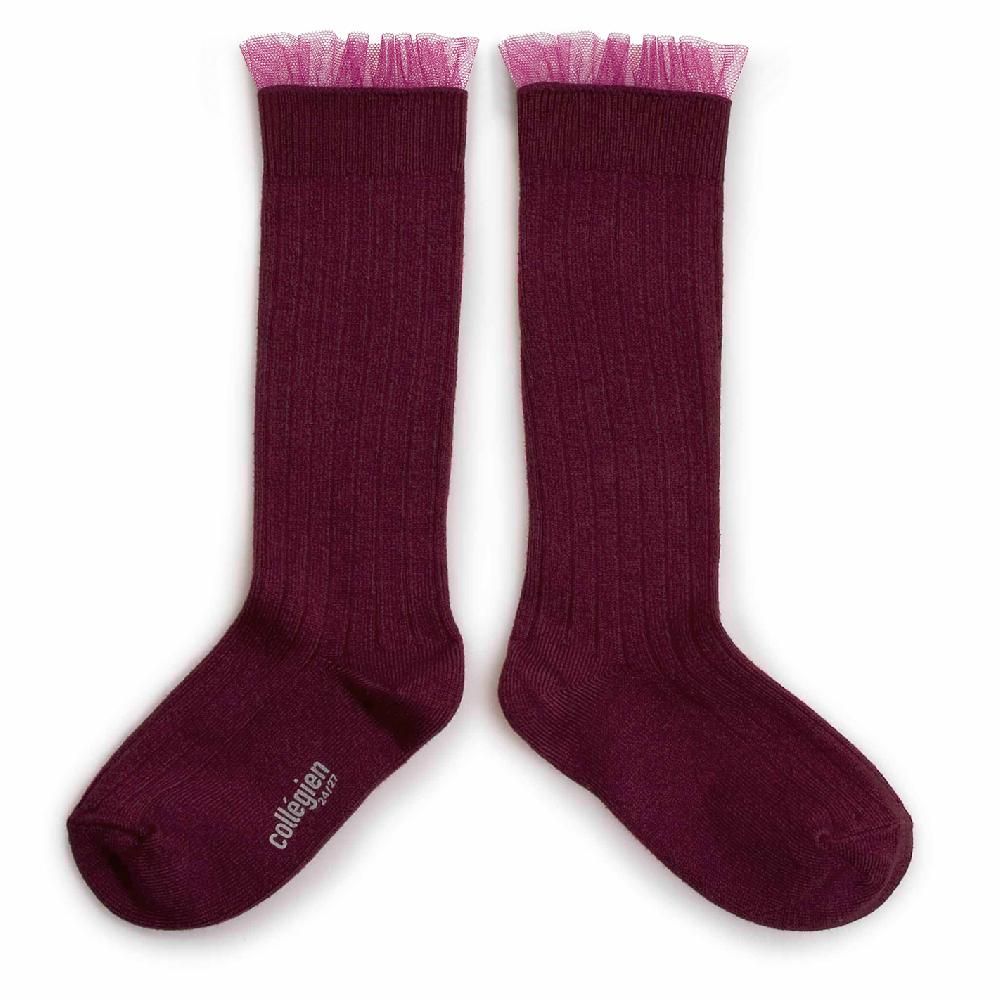 collégien Manon - Chaussettes hautes à côtes avec volant tulle - Framboise