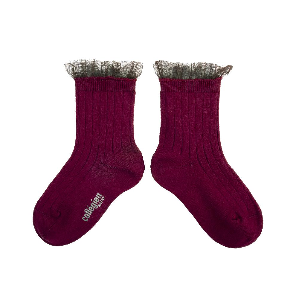 collégien Margaux - Chaussettes courtes à côtes avec volant tulle - Bordeaux Grand Cru