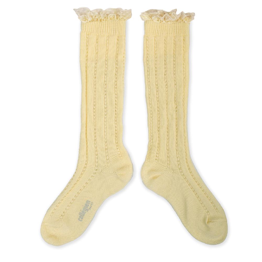 collégien Marie Léonie - Chaussettes hautes en maille crochet en fil d'Ecosse avec volant plumetis - Vanille