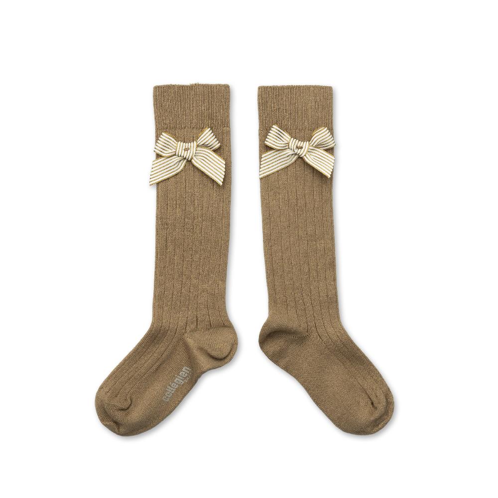 collégien Marinette - Chaussettes hautes à côtes avec noeud rayé - Petite Taupe